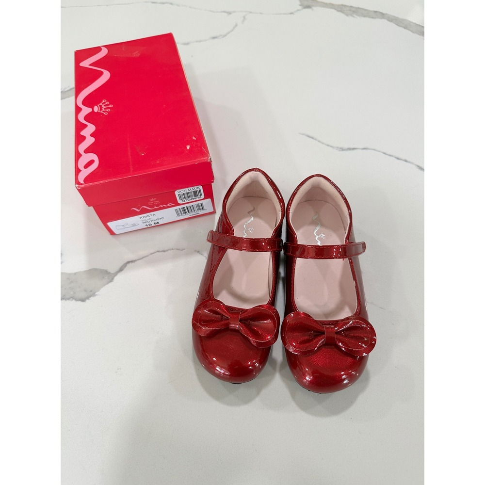Nina Krista Girls Red Patent Mary Jane Dress Shoes Bow Size 10M Holiday Wedding